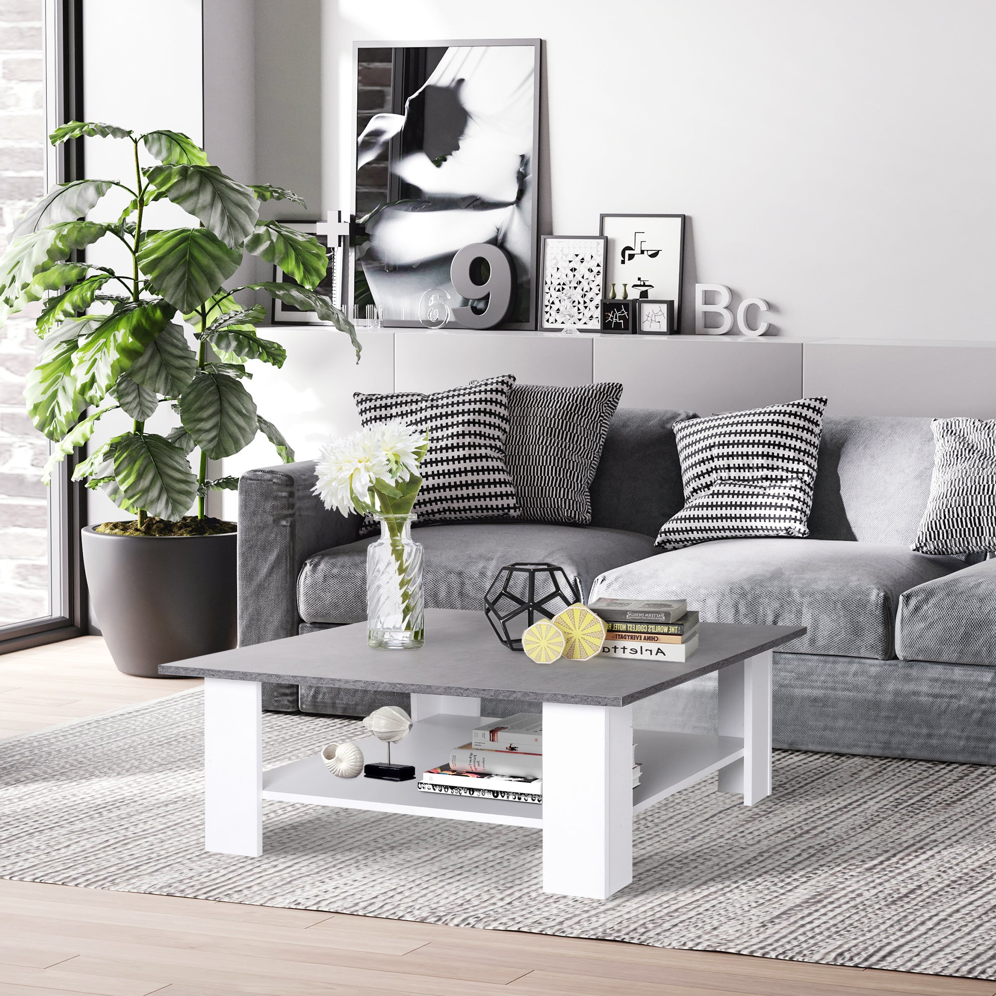 HOMCOM Square Coffee Table, Wooden Coffee Table with Storage, Cocktail Center Tea Table for Home Office, 80W x 80D x 31.5Hcm, Grey and White 