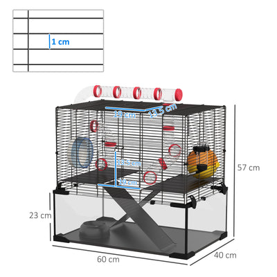 PawHut Gerbil Cage Dwarf Hamster Cage, with Deep Glass Bottom, Tunnels, Hut, Exercise Wheel, 60 x 40 x 57cm 