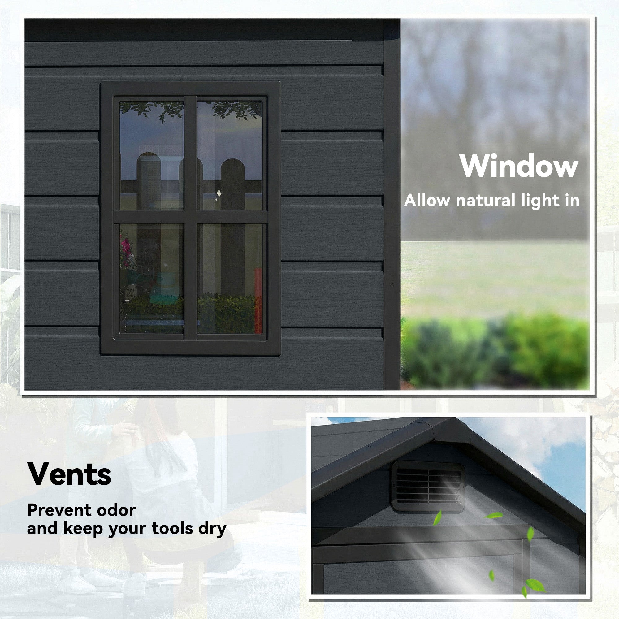 Outsunny 4 x 3 ft Plastic Garden Shed with Floor, Outdoor Storage Shed with Lockable Door, Window and Vent, Dark Grey 