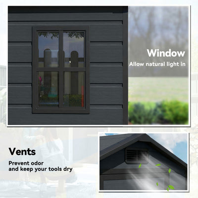 Outsunny 4 x 3 ft Plastic Garden Shed with Floor, Outdoor Storage Shed with Lockable Door, Window and Vent, Dark Grey 