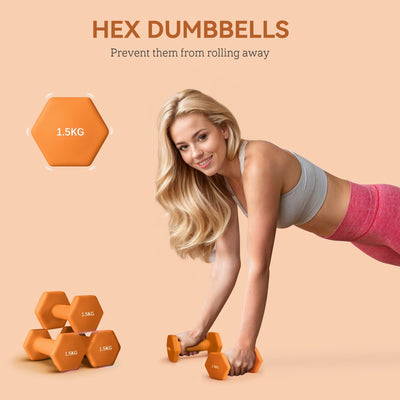 SPORTNOW 2 x 1.5kg Hexagonal Dumbbells Weights Set with Non-Slip Grip for Home Gym Workout, Orange 