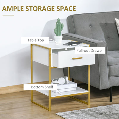 HOMCOM Modern Bedside Table, Nightstand with Drawer Shelf, Side Table for Living room, Bedroom White and Gold, Set of 2 