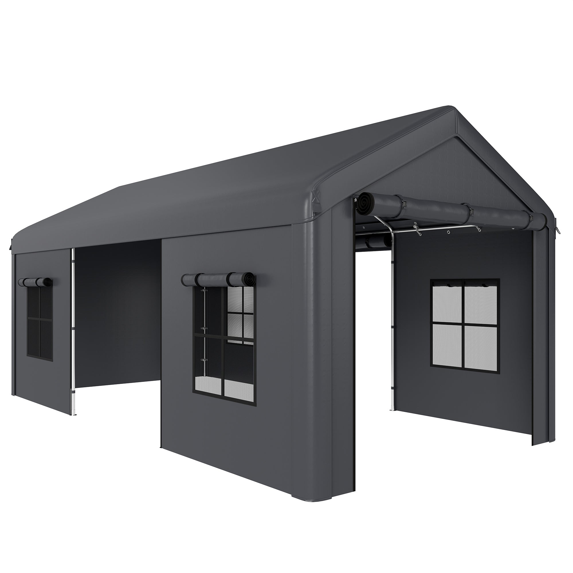 Outsunny 3 x 6 m Heavy Duty Carport, Portable Garage Car Canopy Tent with Galvanised Frame, Doors, Windows, Dark Grey 