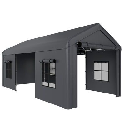 Outsunny 3 x 6 m Heavy Duty Carport, Portable Garage Car Canopy Tent with Galvanised Frame, Doors, Windows, Dark Grey 