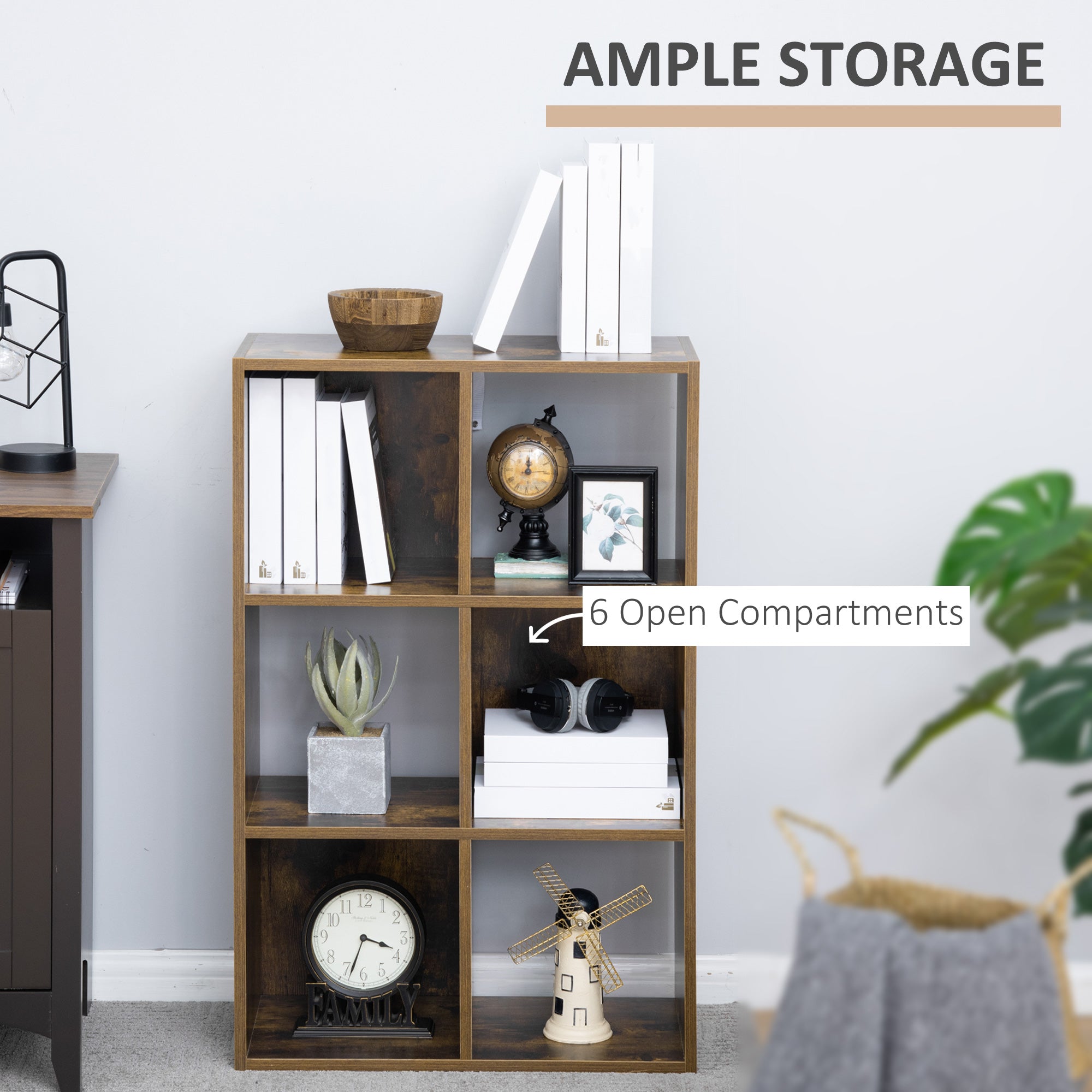 HOMCOM Industrial Style Storage Shelf, Bookcase, Bookshelf with 6 Compartments, Freestanding Shelving Unit for Living Room, Home Study, Rustic Brown 
