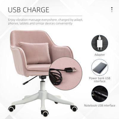 Vinsetto Velvet Office Chair, Desk Chair, Makeup Vanity Chair with Massage Lumbar Pillow and Rolling Wheels for Bedroom and Home, Pink 