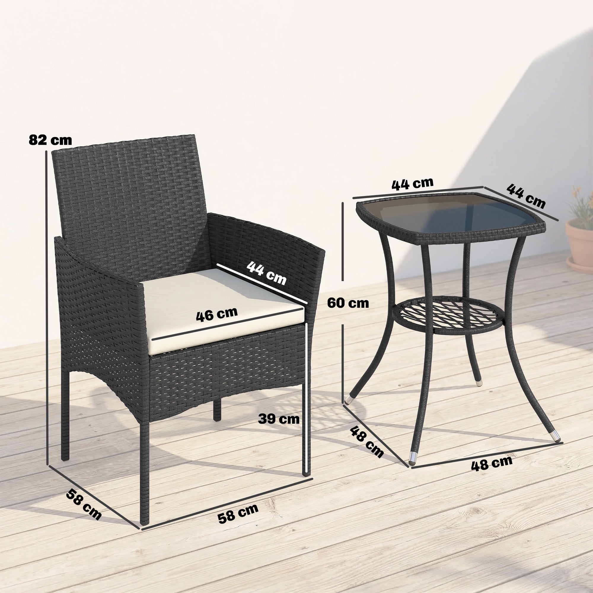 Outsunny 3 Piece Rattan Bistro Set, PE Wicker Garden Furniture Conversation Set with 2 Tier Glass-Top Table, Chairs, Cream White 