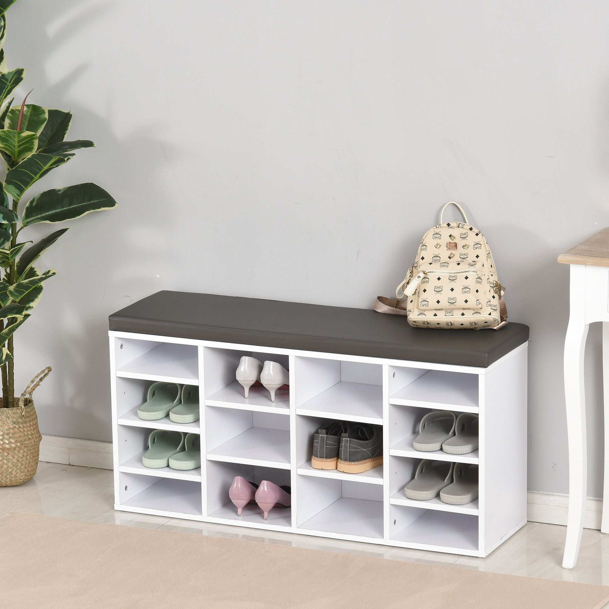 HOMCOM Multi-Storage Shoe Rack w/ 14 Compartments Cushion Moving Shelves Solid Frame Foot Pads Home Office Tidy Organisation Boots Trainers White 