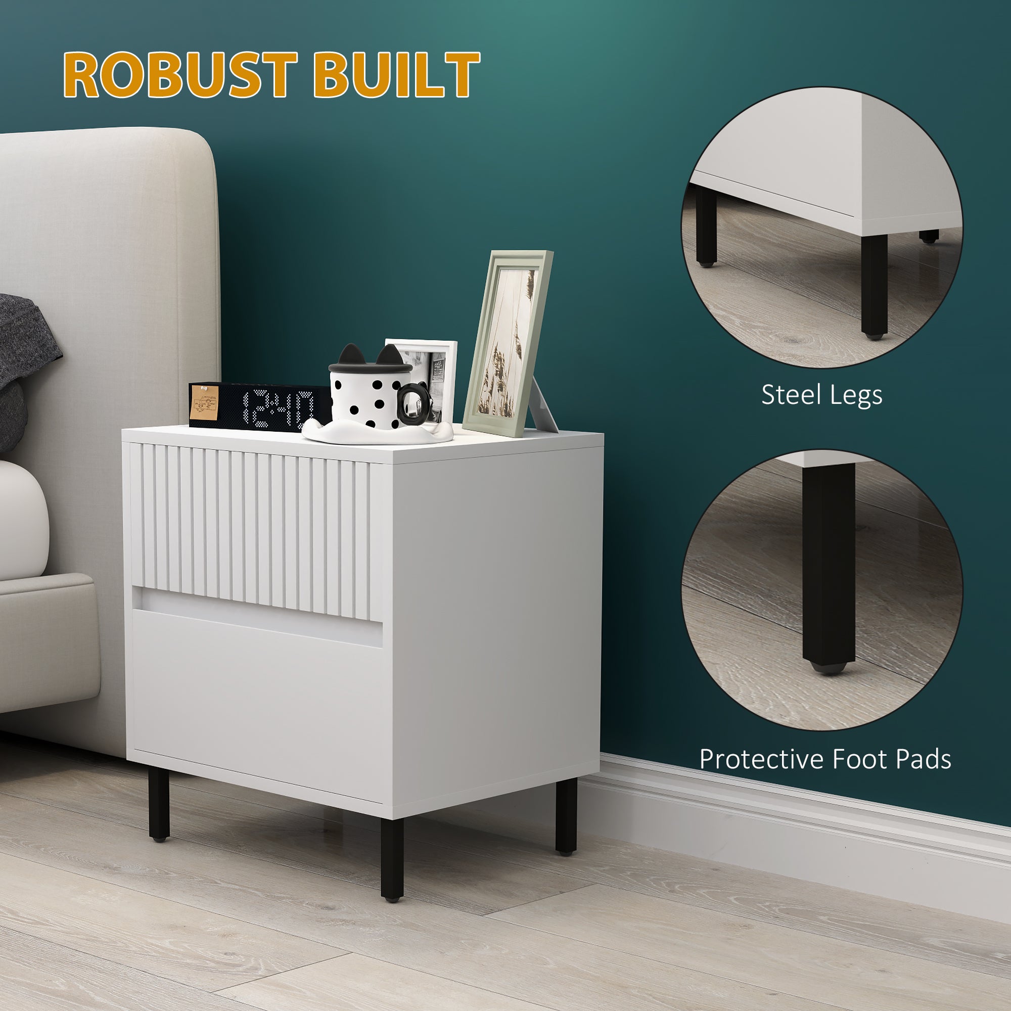 HOMCOM Simple Line Indented Two-Drawer Bedside Table Set of 2 - White