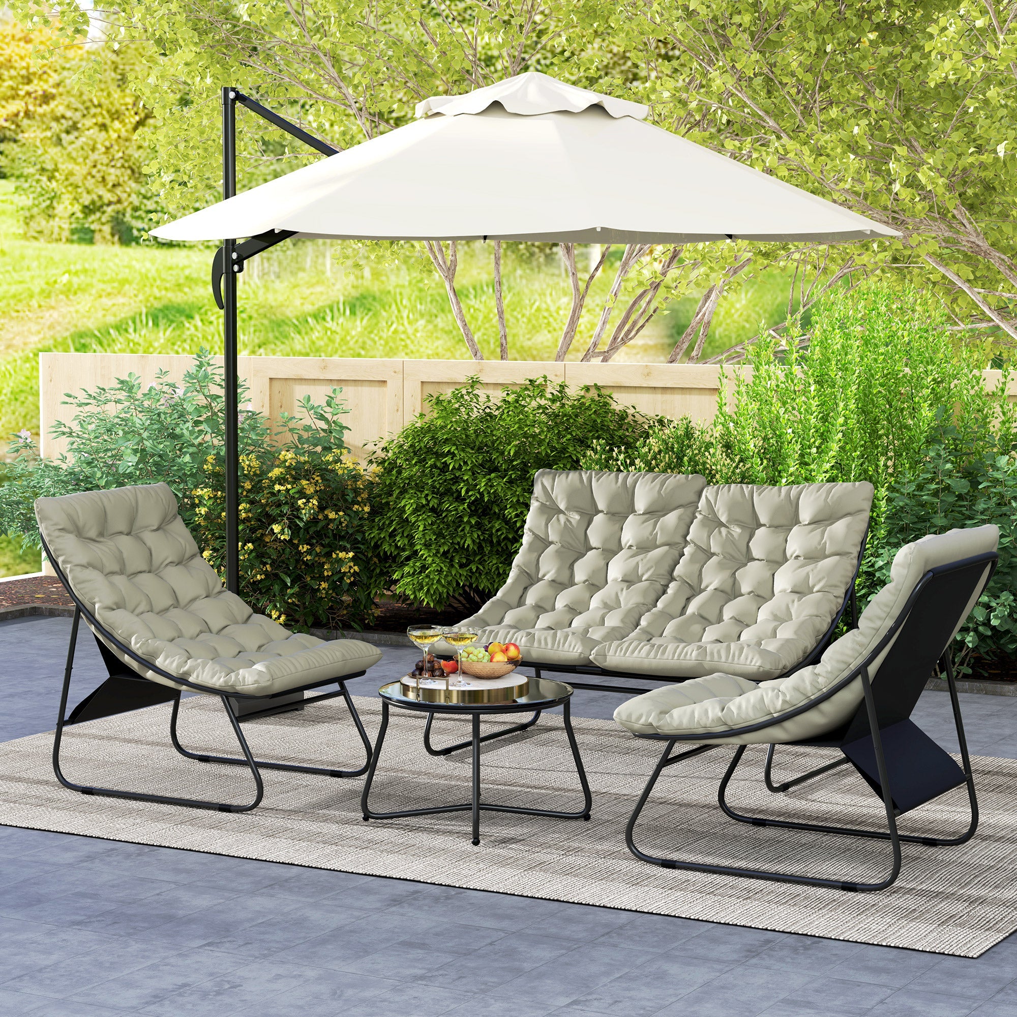 Outsunny 4 Seater Garden Furniture Set, Conversation Set with Loveseat Sofa, Chairs, Glass Coffee Table, Thick Cushions, Steel Outdoor Sofa for Balcony, Poolside, Conservatory, Light Grey 