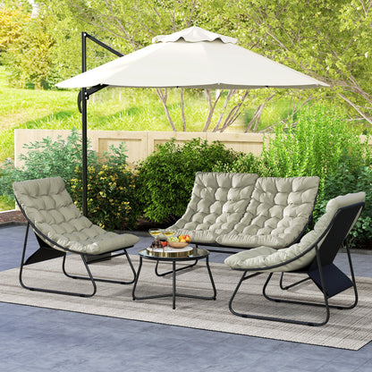 Outsunny 4 Seater Garden Furniture Set, Conversation Set with Loveseat Sofa, Chairs, Glass Coffee Table, Thick Cushions, Steel Outdoor Sofa for Balcony, Poolside, Conservatory, Light Grey 