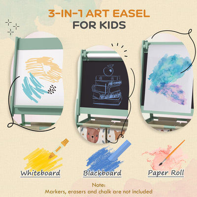 AIYAPLAY Three-In-One Kids Easel with Paper Roll, Art Easel, with Storage - Green 