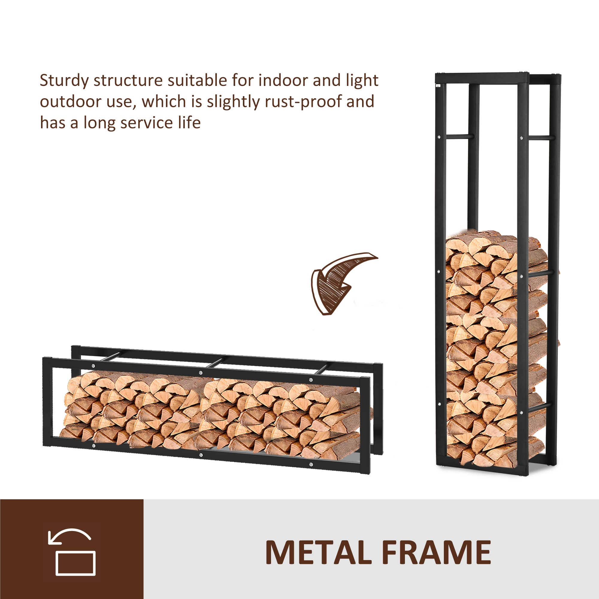 HOMCOM Metal Firewood Log Holder Tall Firewood Rack Indoor Outdoor Fireplace Wood Storage Shelf with Side Rails, Rust-Resistant, Black, 40W x 25D x 150H cm 