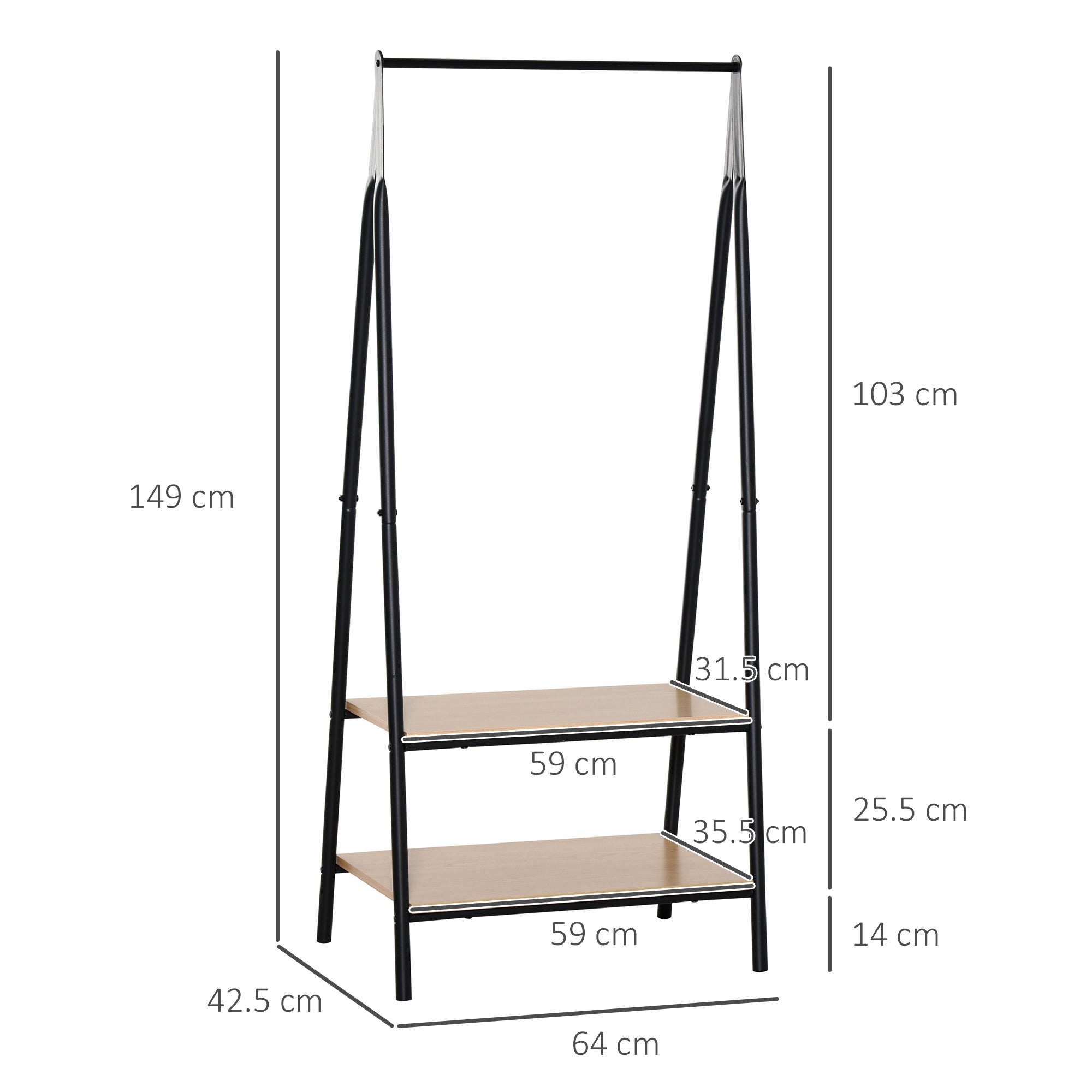HOMCOM Clothes Rail, Freestanding Metal Clothes Rack with 2 Tier Storage Shelves for Bedroom and Entryway, 64 x 42.5 x 149 cm, Black Frame 