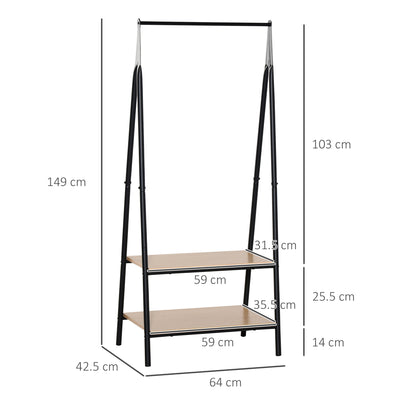 HOMCOM Clothes Rail, Freestanding Metal Clothes Rack with 2 Tier Storage Shelves for Bedroom and Entryway, 64 x 42.5 x 149 cm, Black Frame 