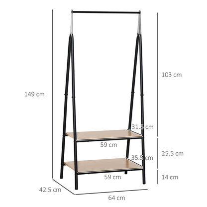 HOMCOM Clothes Rail, Freestanding Metal Clothes Rack with 2 Tier Storage Shelves for Bedroom and Entryway, 64 x 42.5 x 149 cm, Black Frame 