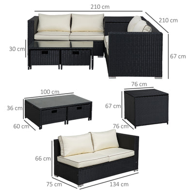 Outsunny 4 Pieces Rattan Garden Furniture Set, 4 Seater Corner Sofa Set with Storage Box, 2 Drawers Coffee Table, Loveseats with Cushions, Wicker Garden Conservatory Furniture for Balcony, Black 
