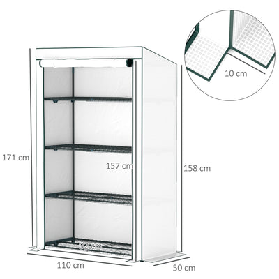 Outsunny 4 Tier Lean-to Mini Greenhouse with Reinforced PE Cover, Portable Small Greenhouse with Roll-Up Door, Green Hemmed Edging, 110 x 50 x 171cm, Green 