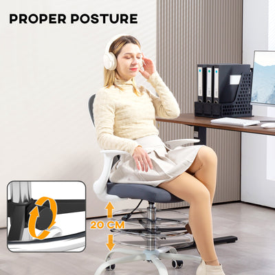 HOMCOM Draughtsman Chair, Mesh Drafting Chair, Ergonomic Office Chair with Flip-up Armrest, Adjustable Foot Ring, Grey 