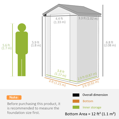 Outsunny 4.4ft x 3.3ft size Aluminium Frame and Plastic Wall Shed, with Foundation - Grey 
