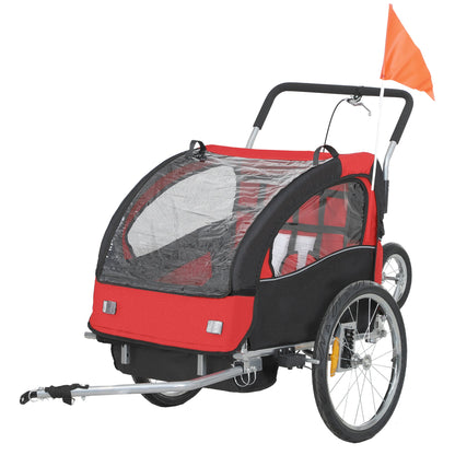 HOMCOM 2 Seat Bike Trailer with 5 Point Harness, Baby Bike Stroller with Safety Flag, Reflectors, for 18+ Months, Red 