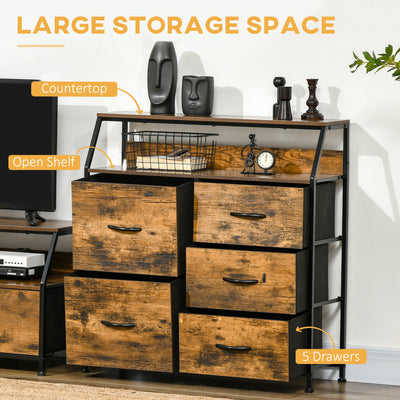 HOMCOM Bedroom Chest of Drawers, Industrial 5 Fabric Drawer Dresser with Open Shelf for Living Room, Rustic Brown 