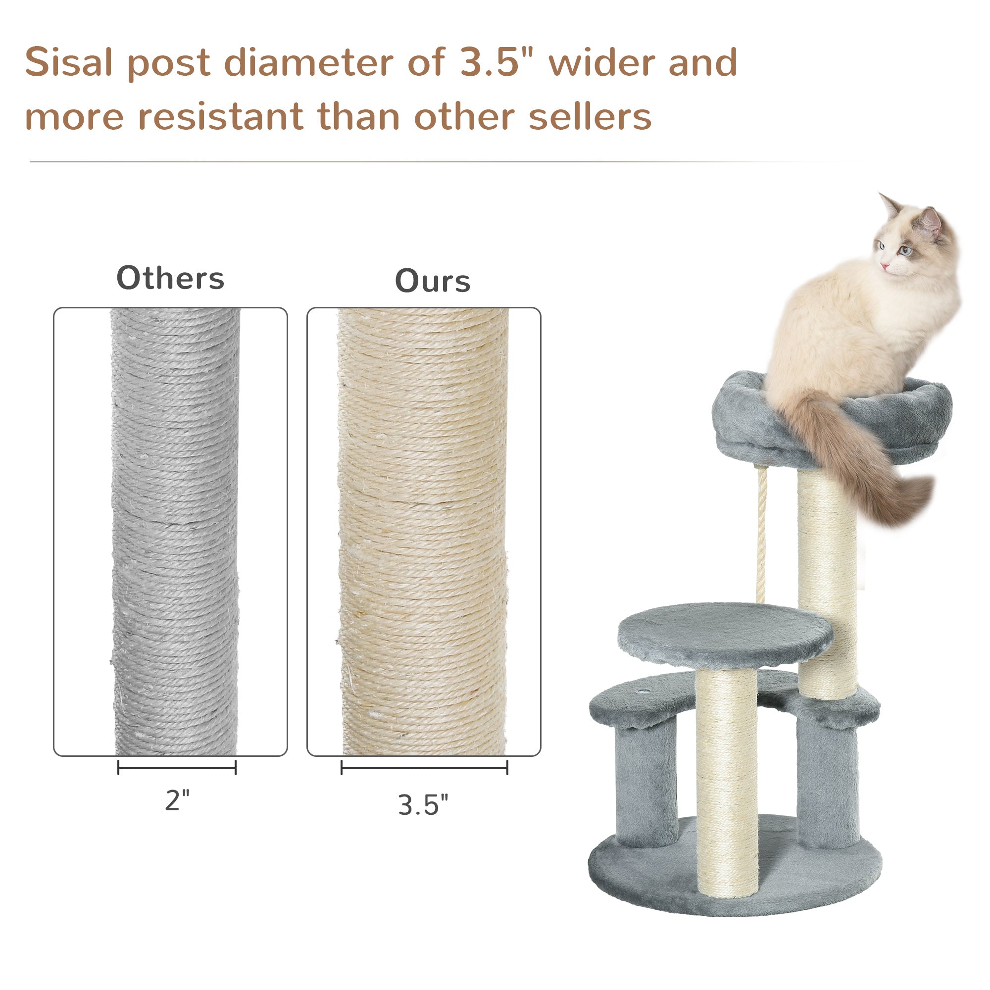 PawHut 65cm Cat Tree, Cat Tower for Kittens, Small Cat Condo with Sisal Scratching Posts, Hanging Rope, Perches - Grey 
