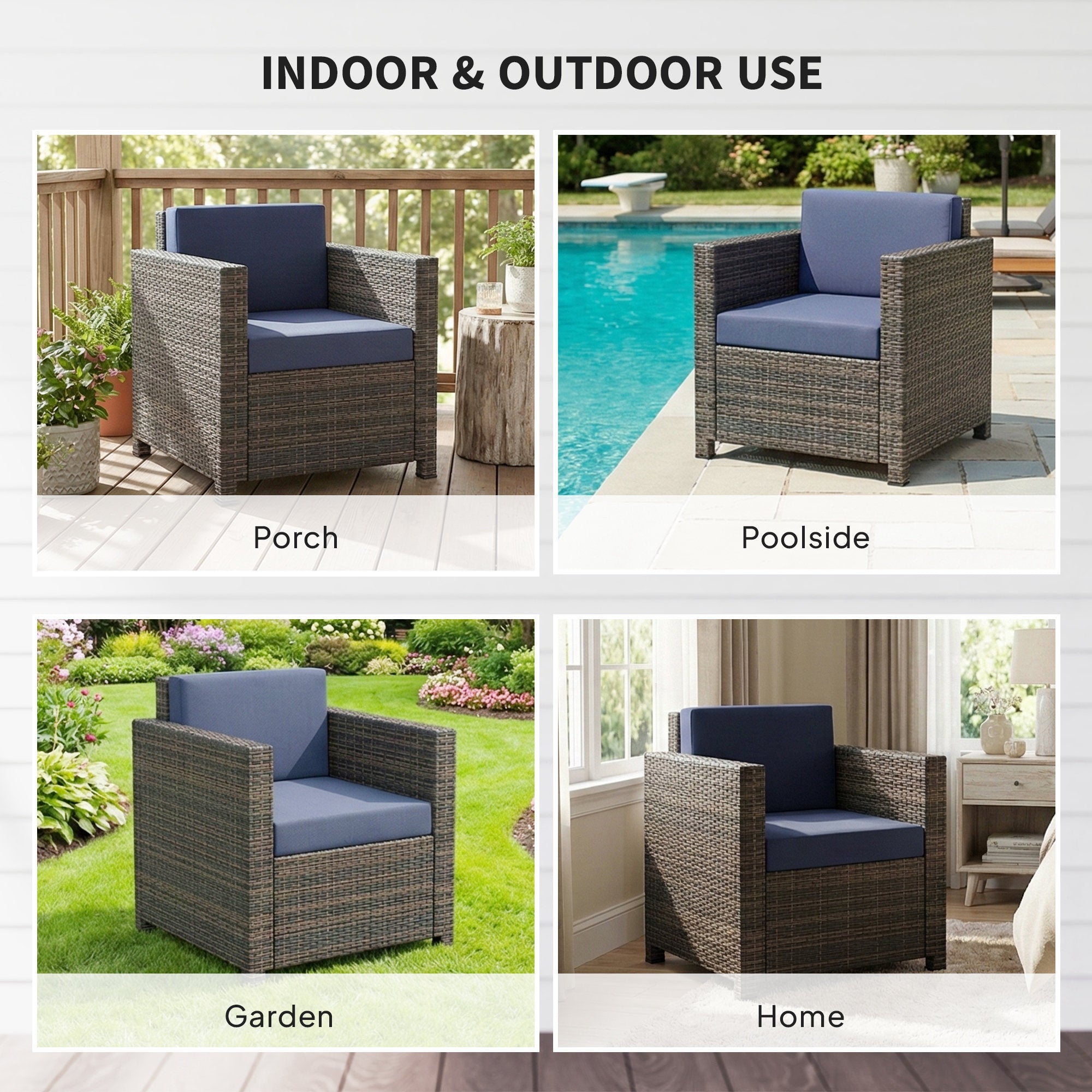 Outsunny PE Rattan Garden Armchair with Cushion - Mixed Brown/Navy Blue 