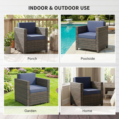 Outsunny PE Rattan Garden Armchair with Cushion - Mixed Brown/Navy Blue 