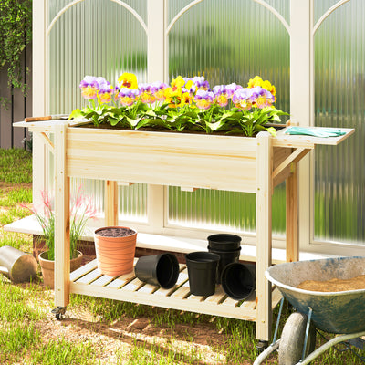 Outsunny Raised Garden Bed, Wooden Elevated Planter Box with Lockable Wheels, Side Tables and Bottom Shelf, Outdoor Planter with Liner and Drainage Holes for Vegetables, Flowers, Fruits, Natural 