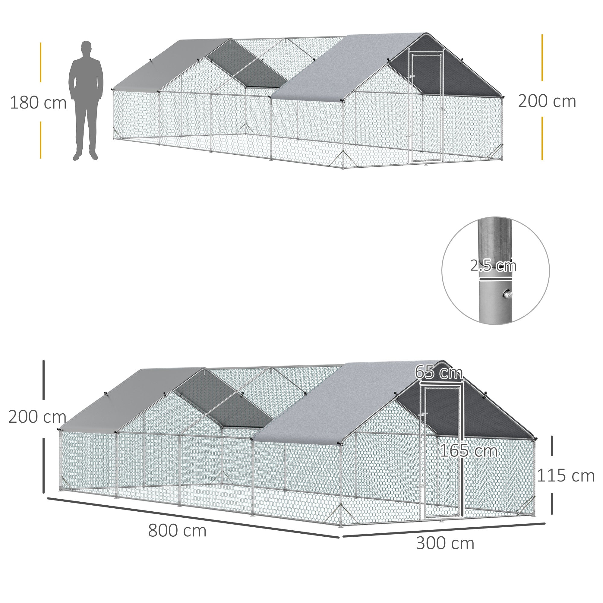 PawHut Chicken Run Galvanised Walk-in Chicken Coop Hen Poultry House Cage Rabbit Hutch with Water-Resist Cover, 3 x 8 x 2m 