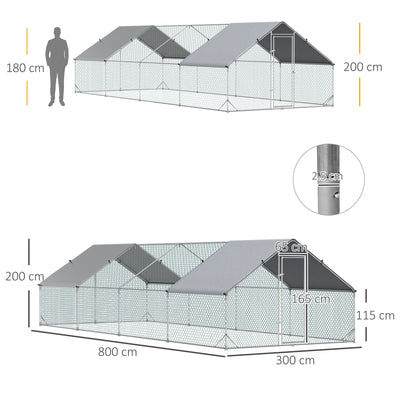 PawHut Chicken Run Galvanised Walk-in Chicken Coop Hen Poultry House Cage Rabbit Hutch with Water-Resist Cover, 3 x 8 x 2m 