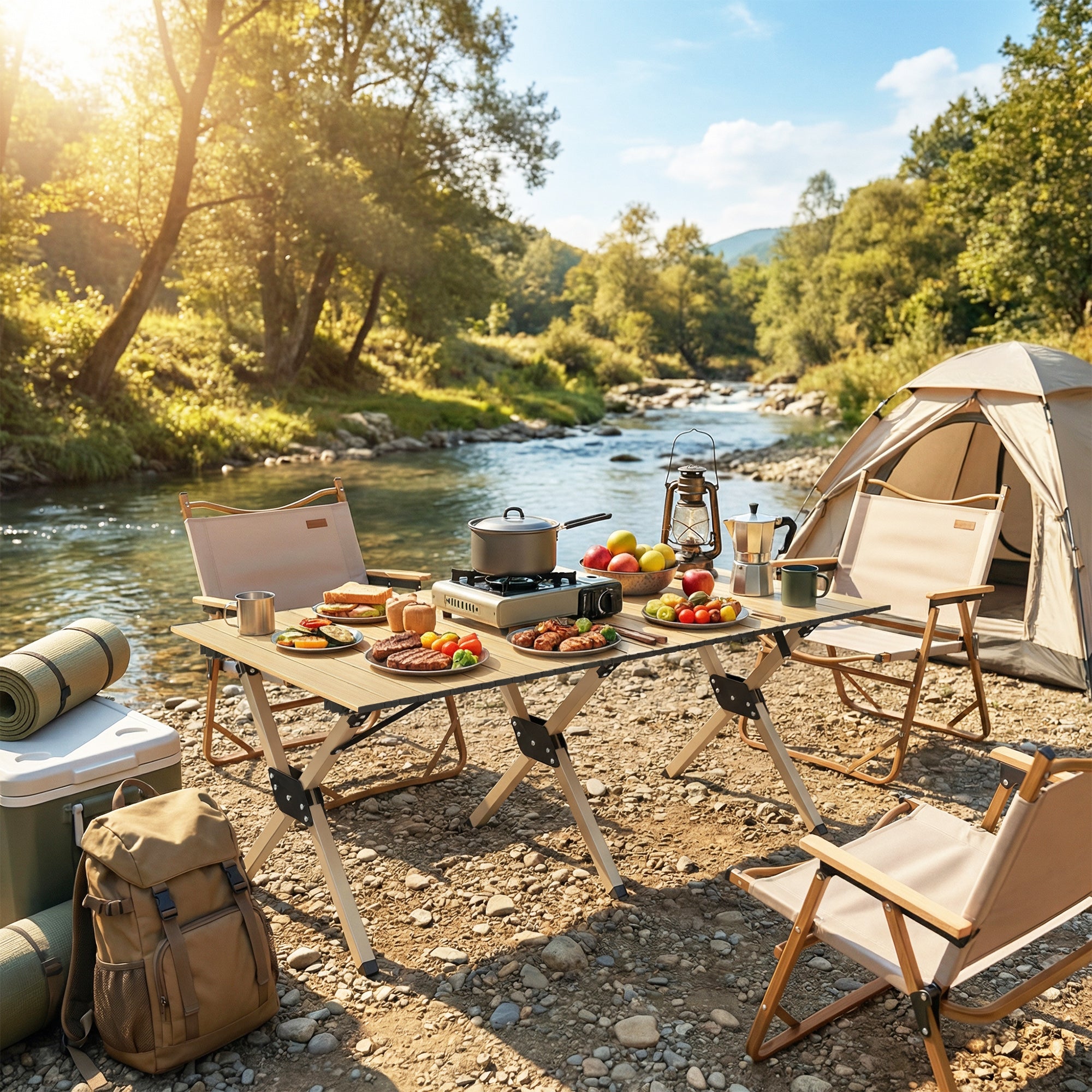 Outsunny 4ft Folding Camping Table, Waterproof Picnic Table with Roll Up Top and Metal Frame, Dark Brown 