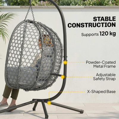Outsunny Hanging Egg Chair, Indoor Outdoor Rattan Hammock Swing Chair with Stand, Safety Strap, Foldable Basket, Dark Grey 
