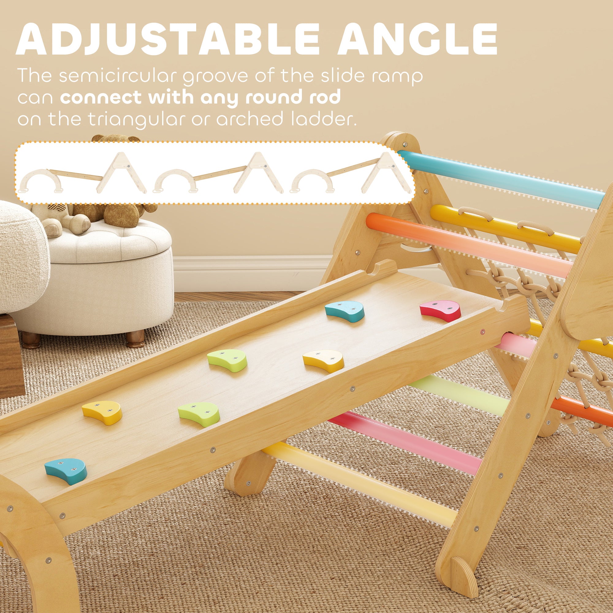 AIYAPLAY 8-in-1 Toddler Climbing Frame, Indoor Play Triangle Set with Slide, Arch and Triangle Ladder, Multicolour 