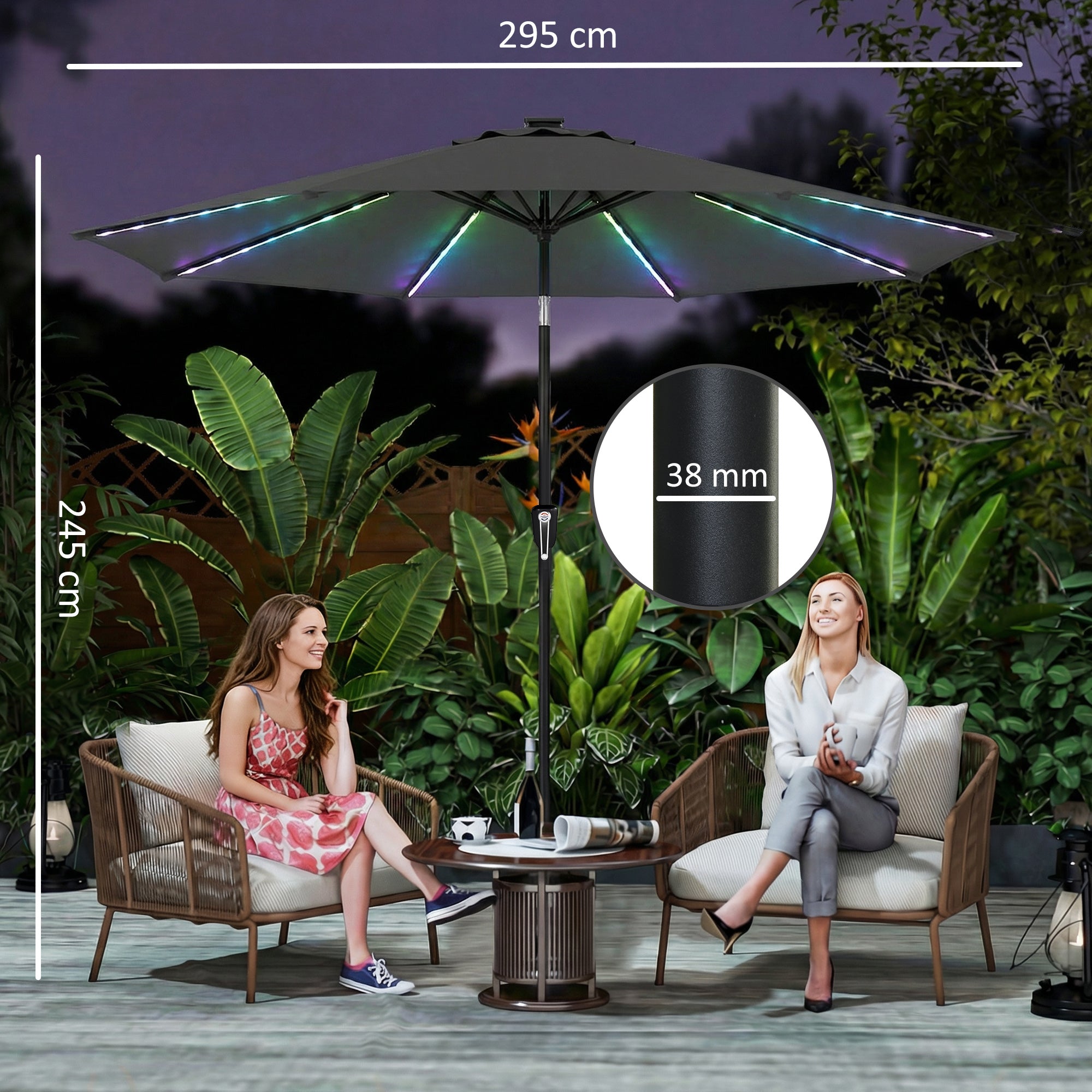 Outsunny 3 m Garden Parasol Umbrella with 112 Solar Powered LED Lights, Patio Umbrella with Crank Handle, Grey 