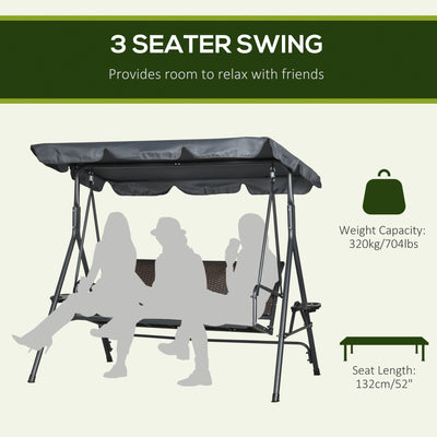 Outsunny 3 Seater Swing Chair, Garden Swing Seat Bench with Adjustable Canopy, Rattan Seat, and Steel Frame for Patio, Yard 