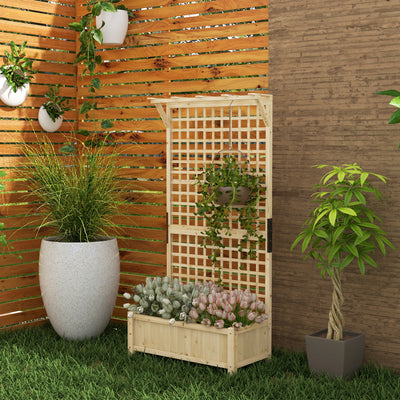 Outsunny Raised Bed with Drainage Holes, Wood Planter with Trellis for Climbing Plants to Grow Vegetables, Flowers, Natural 