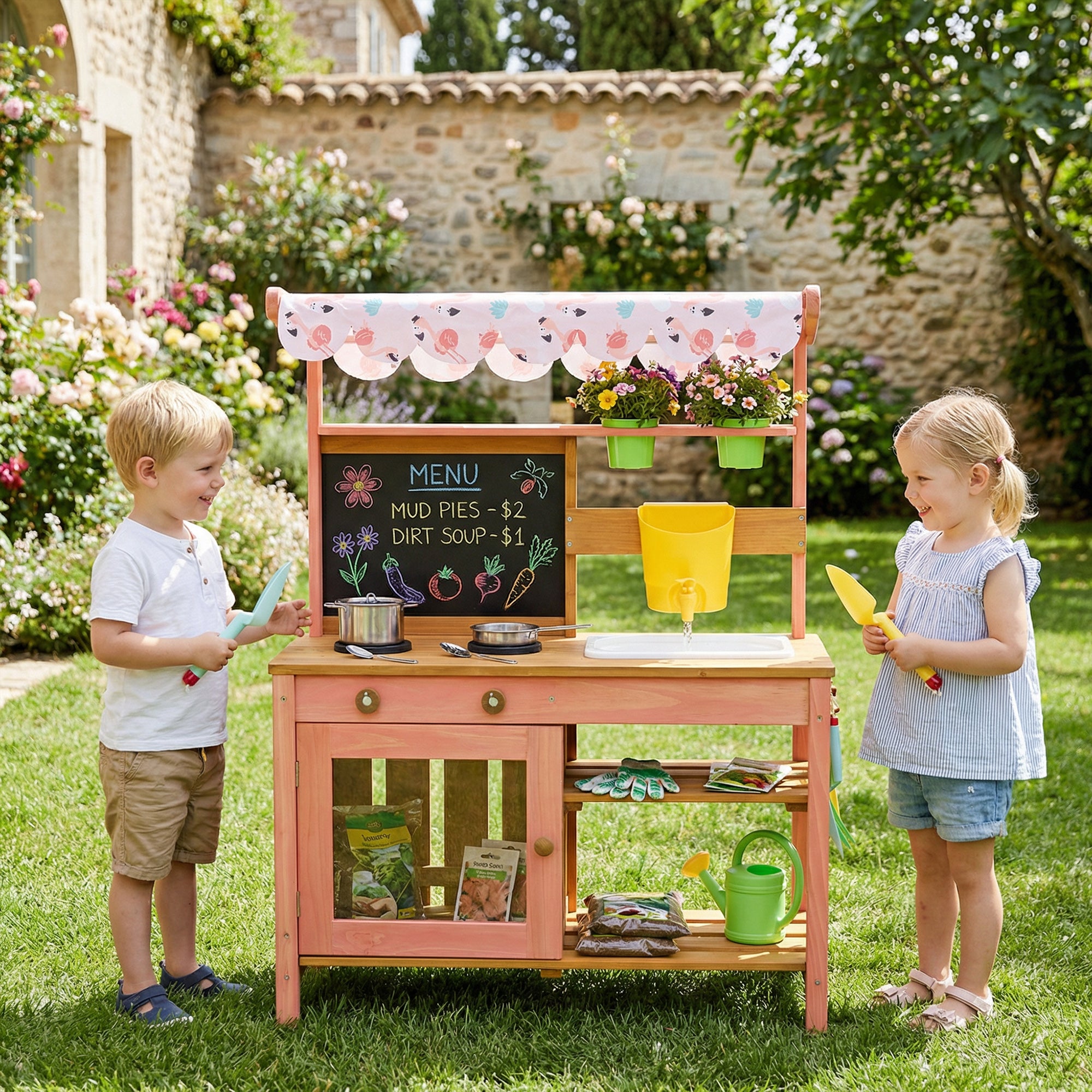AIYAPLAY Kids Mud Kitchen with Canopy, Outdoor Wooden Play Kitchen with Planter Box, Accessories for Age 3-6, Pink 