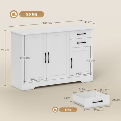 HOMCOM Sideboard with 2 Drawers Modern Storage Cabinet, Kitchen Cupboard with Adjustable Shelf and 3 Doors White 