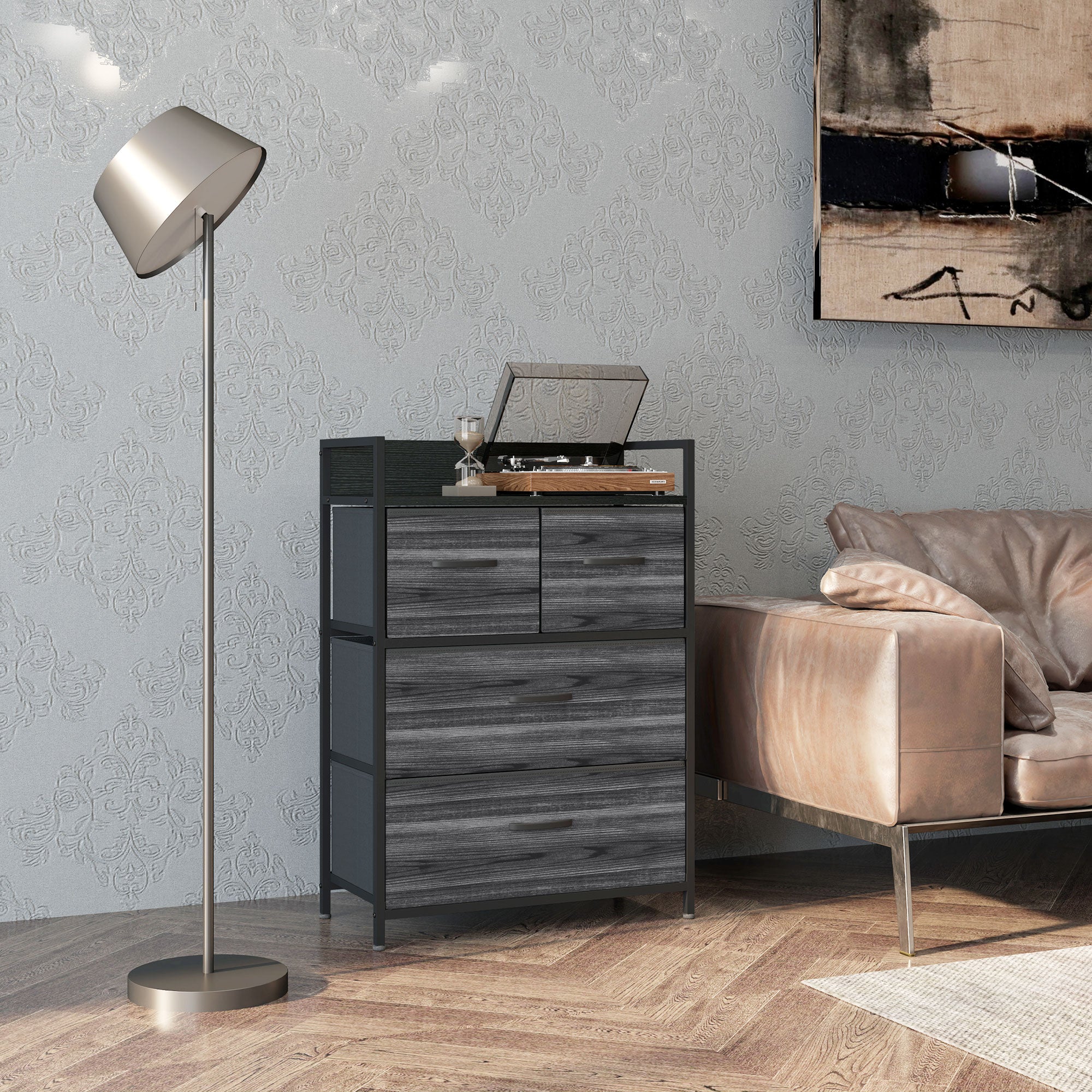 HOMCOM Rustic Chest of Four Fabric Drawers - Black 