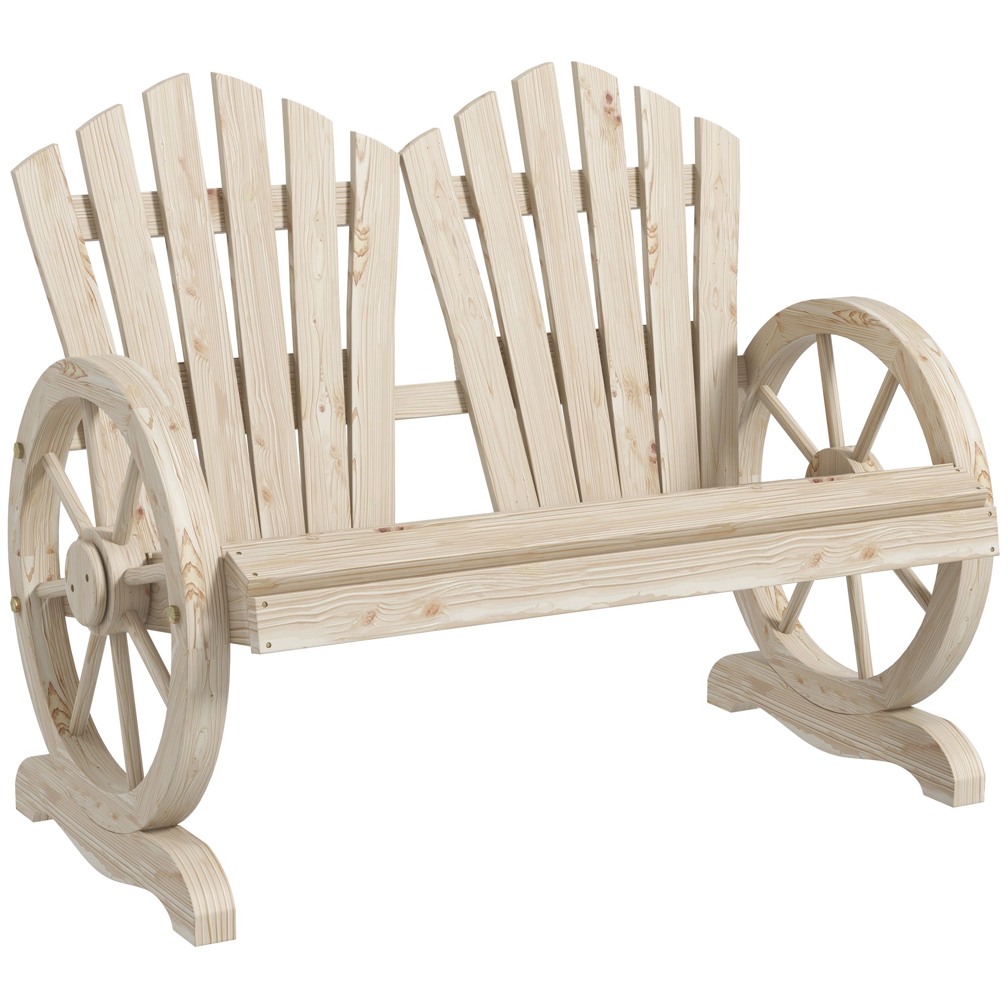 Outsunny Fir Wood Love Seats with Wheel-Shaped Armrests, Large Load-Bearing Chair, Natural Wood Finish 