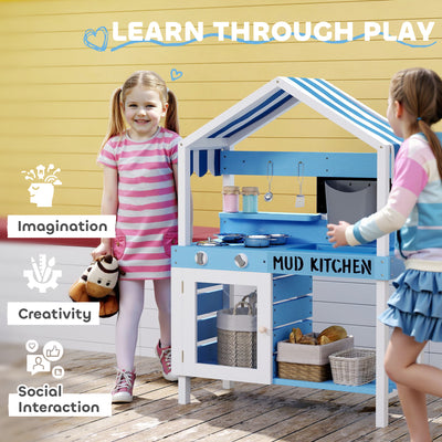 AIYAPLAY Kids Mud Kitchen Outdoor with Stoves, Sink, Faucet, Storage Shelves, Cookware Accessories for Boys Girls, Blue 