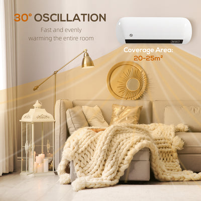 HOMCOM 2000W PTC Ceramic Fan Heater, Wall Mounted, 30° Oscillation, 50L x 19W x 14H cm - White
