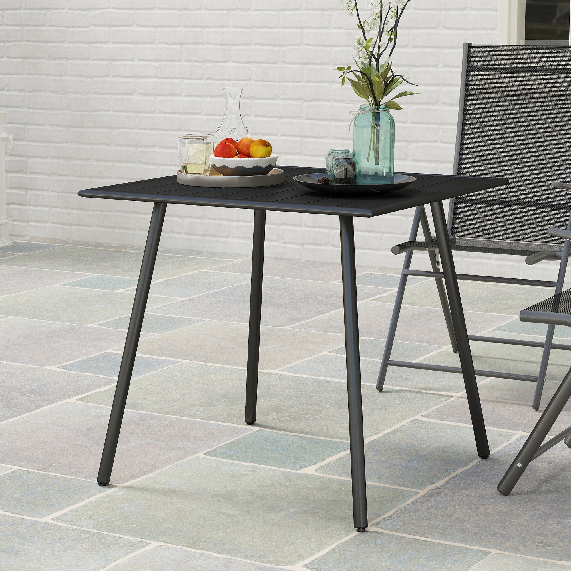 Outsunny Square Garden Table with Slat Top, Steel Frame, Outdoor Table for 4 Person, 80 x 80 x 74 cm, Black 