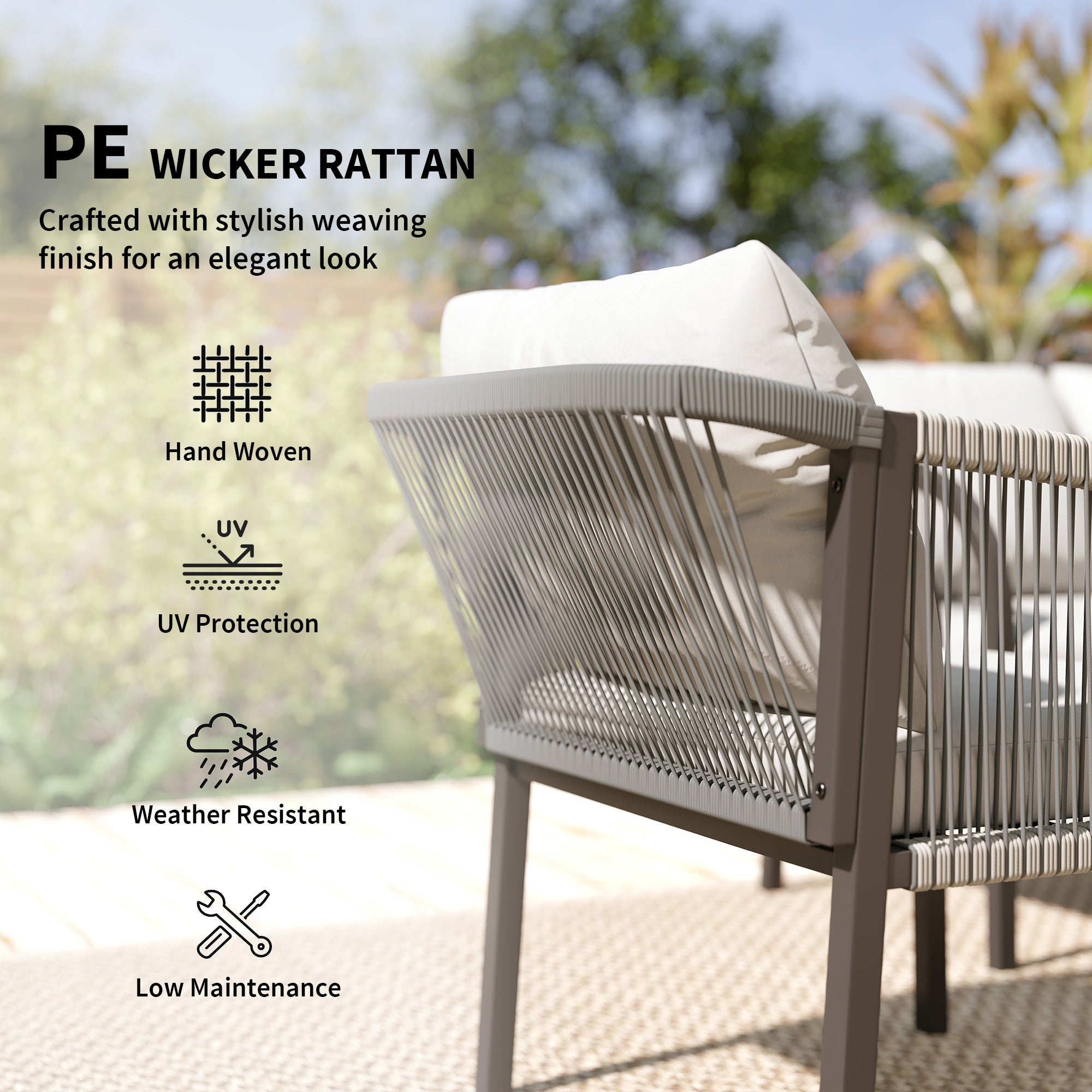 Outsunny 4 Piece Rattan Garden Furniture Set with Loveseat, Armchairs, Table, Steel Frame Wicker Patio Conversation Set, Grey 