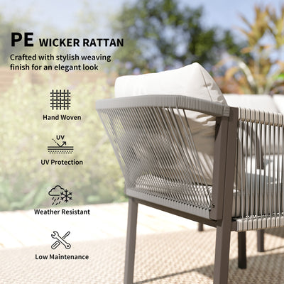 Outsunny 4 Piece Rattan Garden Furniture Set with Loveseat, Armchairs, Table, Steel Frame Wicker Patio Conversation Set, Grey 