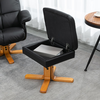 HOMCOM Recliner Armchair, Swivel Reclining Chair With Ottoman, Swivel Faux Leather Chair with Wooden Base and Storage Footstool for Living Room, Black 