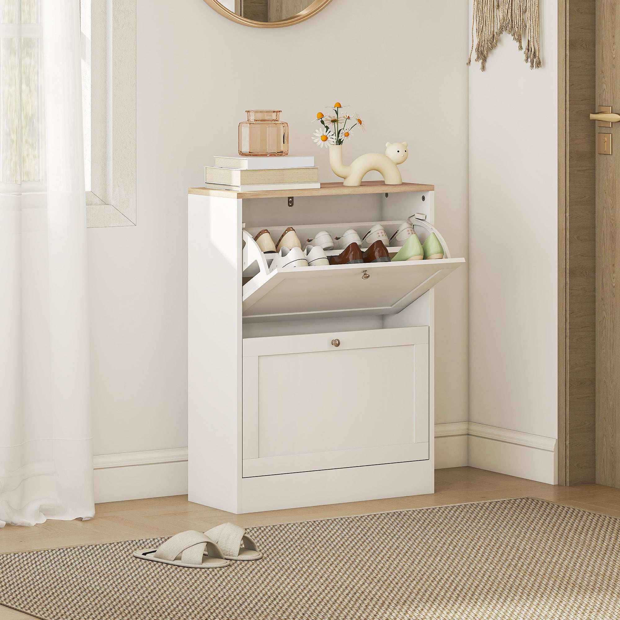 HOMCOM Narrow Shoe Cabinet with 2 Flip Drawers and Adjustable Shelves - White