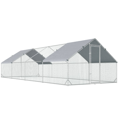 PawHut Chicken Run Galvanised Walk-in Chicken Coop Hen Poultry House Cage Rabbit Hutch with Water-Resist Cover, 3 x 8 x 2m 